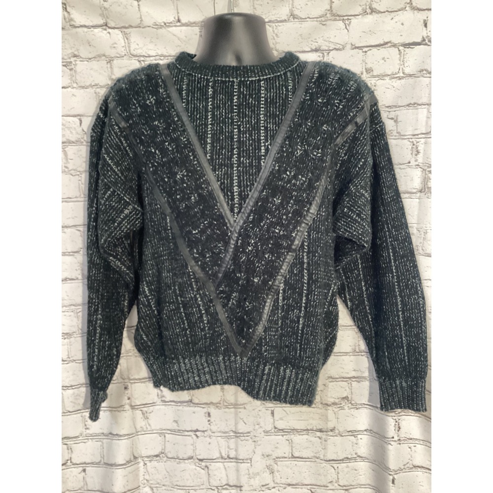Vintage Gabrielle Black White Knit Leather Trim V-Detail Sweater Mens Medium